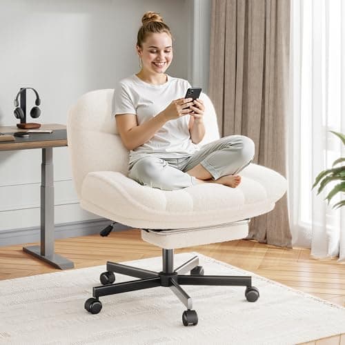 DurayLoly Cross Legged Office Chair with Foot Rest, 6.3" Thick Cushioned Criss Cross Chair with Wheels, Height Adjustable Swivel Vanity Chair for All-Day Comfort (White)