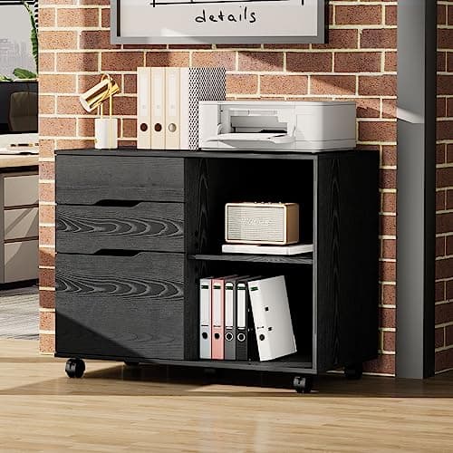 Sweetcrispy 3-Drawer File Cabinet, Lateral Mobile Filing Cabinet Wood Storage Organizer with Wheels, Printer Stand & Open Shelves for Home Office Under Desk Organization - Modern Black 7