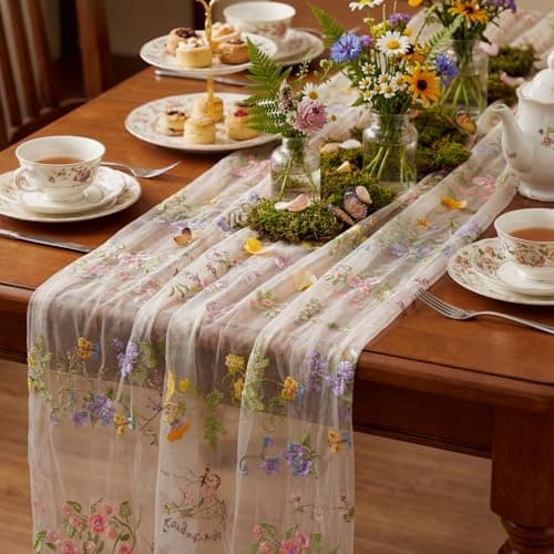 Windkream Ivory White Floral Table Runner 10ft Embroidery Tulle Spring Wildflower Table Runner Seasonal Summer Butterfly Kitchen Dining Gauze Decoration for Wedding Baby Shower Birthday Party (1 Pcs)