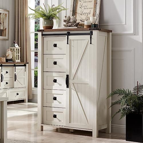T4TREAM 5 Drawers Dresser for Bedroom w/Sliding Barn Door, Farmhouse Modern Tall Dresser 5 Chest of Drawers, Storage Organizer for Bedroom, Hallway, Living Room, Kids Room, Antique White
