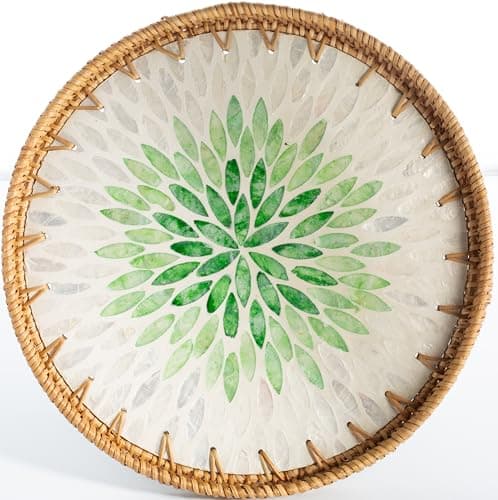 11.8 inch Round Rattan Serving Tray with Mother of Pearl Inlay Wicker Platter Coffee Tray for Coffee Table Decor Coastal Boho Kitchen Storage Display Decorative Basket Food Tray Handmade Wall Decor