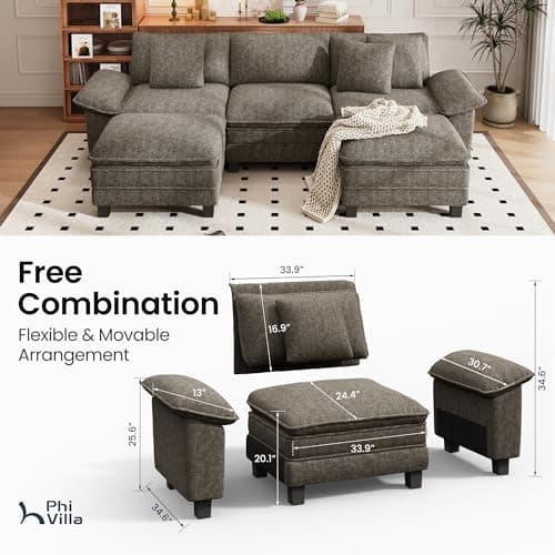 PHI VILLA Cloud Modular Couch Sets, 123.6" Sectional Sofa with U-Shaped Chaise, 5-Seater Couches with 2 Movable Ottomans for Living Room, Chenille Fabric, Smoky Grey 6