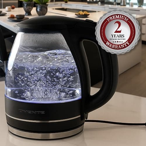 OVENTE Electric Kettle, 1.5L Borosilicate Glass Countertop Water Heater and Boiler for Coffee or Tea, BPA-Free, Auto Shut-Off, Boil-Dry Protection, Removable and Washable Spout Filter, Black KG83B 9