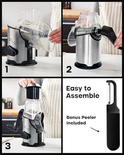 Joined Rotary Cheese Grater with Handle - Mandoline Slicer with 3 Stainless Steel Drum Blades-Vegetable Slicer Walnuts Grinder Cheese Shredder Round Mandoline with Peeler 7