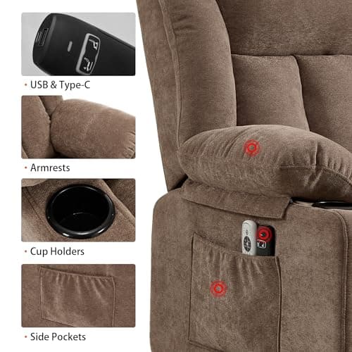 Sfxingyou Power Lift Recliner Chair for Elderly with Massage and Heat, Reclining Sofa Chair with USB & Type-C Ports and Cup Holders, L1288(Brown) 6