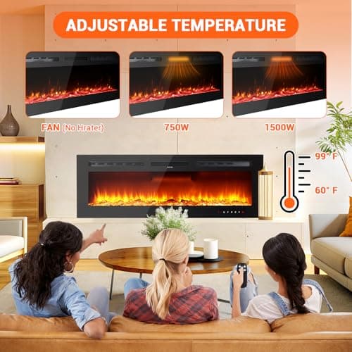 50 in Electric Fireplace Inserts - 1500/750W Ultra Narrow Frame Wall Mounted Fireplaces with 3 Heating Modes - 12 Flame Colors, Remote Control/Timer, Touch Screen, Low Noise 7