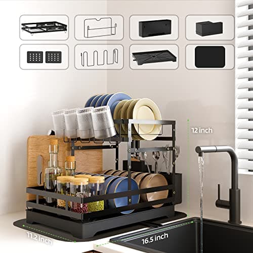 BBXTYLY Large Dish Drying Rack, 2 Tier Collapsible Dish Racks with Drainboard，Drainage, Wine Glass Holder, Utensil Holder and Extra Drying Mat, Dish Drainers for Kitchen Counter (Black) 6