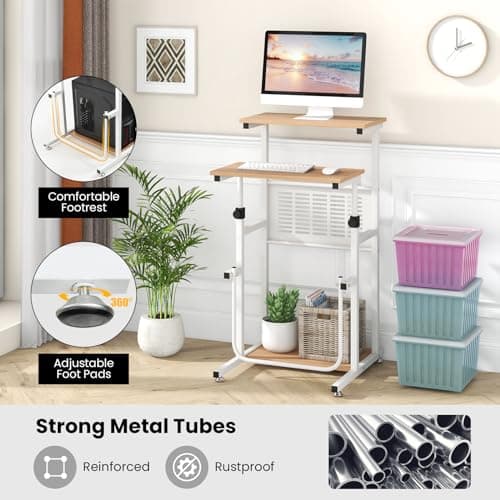 Tangkula Small Standing Desk, Height Adjustable Teacher Podium Stand, Compact Standing Table Lectern Podium, Laptop Desk with Footrest, Suitable for Sitting or Standing 5