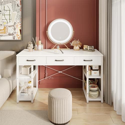 ODK Office Small Computer Desk: Home Table with Fabric Drawers & Storage Shelves, Modern Writing Desk, White, 48"x16" 8