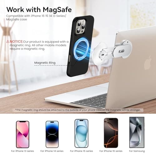 MAGDIGITEH Laptop Phone Holder, Magnetic Phone Stand 15W Fast Wireless Charger for MagSafe for iPhone 17/16/15/14/13/12 & All Phones for Tesla (Silver) 5