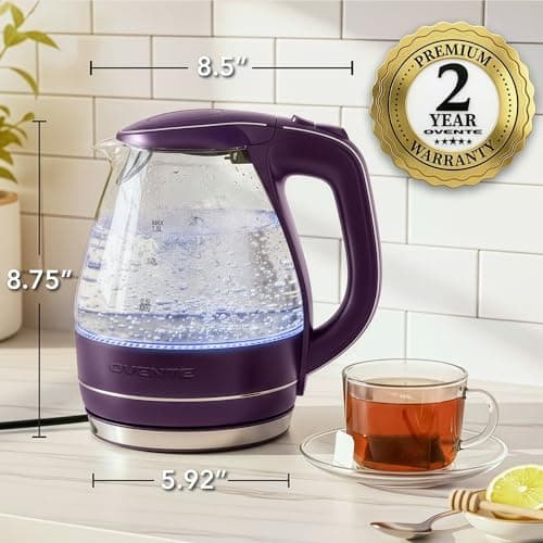 OVENTE Electric Kettle, 1.5L Borosilicate Glass Countertop Water Heater and Boiler for Coffee or Tea, BPA-Free, Auto Shut-Off, Boil-Dry Protection, Removable and Washable Spout Filter, Purple KG83P 7
