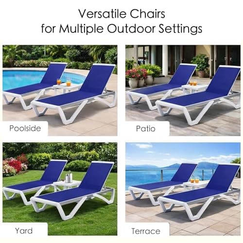 Kozyard Outdoor Chaise Lounge Chair, Full Flat Adjustable Patio Lounger with Aluminum Frame & Resin Legs, Textilene Fabric for Poolside, Backyard & Beach (NavyBlue, 2Chairs with Table) 8