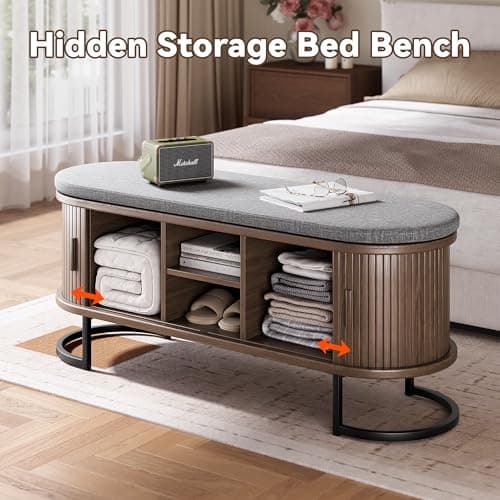 Decofy 47.2'' Entryway Storage Bench Seat with Sliding Door, Large Shoe Bench with Sturdy Metal Feet & Soft Cushion, Multi-Scene Use for Entrance, Bedroom & Living Room（Walnut） 5