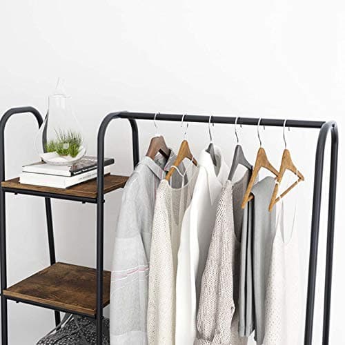 DlandHome Free-Standing Garment Clothing Racks, Home Metal Clothing Rack with 4-Tier Storage Shelves and Hanging Rod Closet Storage Organizer Clothing Rack for Bedroom Living Room Entryway,Retro 9