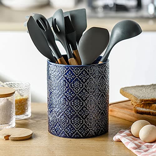 KOOV Kitchen Utensil Holder, Large Utensil Holders for Countertop, 6 x 7 Inches Ceramic Utensil Crock, Deep and Stable, Cooking Utensil Holder, Embossed Pattern (BLue) 7