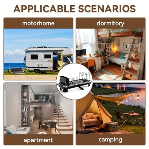 liucocotos Compact Dish Drying Rack for Countertop, Small-Sized for Dorms, RVs & Tiny Kitchens, Auto-Drain, Adjustable Slots, Rust-Resistant with Utensil Caddy & Sponge Holder (Black) 7