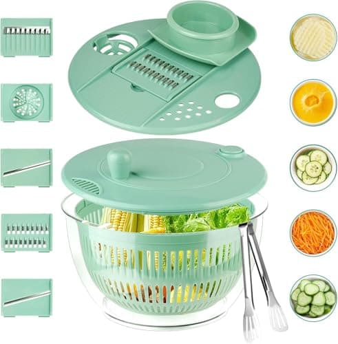 YUANYE Salad Spinner Large, 3 IN 1 Vegetable and Fruit Washing Bowl with Strainer, Lettuce Spinner with 5 Blades Slicer, Egg Yolk Strainer, Bowl for Efficient Salad Preparation, 5.3 Qt（Green）