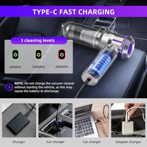 CUGEFRE Handheld Vacuum Cordless, 28000Pa 4 in 1 Car Vacuum Portable Cordless, One-Touch Dust Removal, 3-Speed Brushless Motor Mini Vacuum, Ideal for Home, Car, Office, and Pet Hair Cleanup, Silver 5