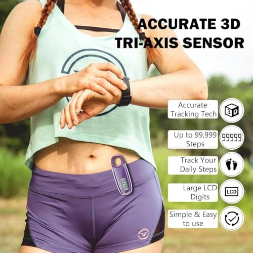 3D Pedometer for Walking with Removable Clip and Carabiner Simple Step Counter for Walking Accurate Clip On Step Tracker for Men Women Kids (Purple) 3
