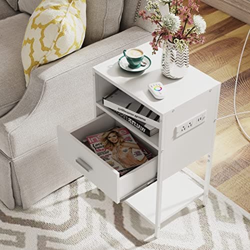 LDTTCUK Nightstand with Charging Station, Modern End Table with Drawer, White Bedside Table with Open Storage for Bedroom 7