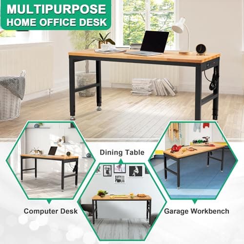 HABUTWAY Height Adjustable Workbench, 60"x20" 2000 Lbs Capacity Solid Wood Work Station Heavy-Duty, with Power Outlets, for Garage Party Shop Office 7