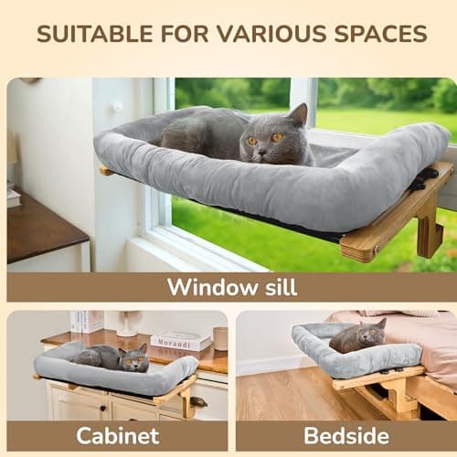 [Ready to Gift] PURRHOUSE Cat Window Perch with Cushion Bolster and Cool Pad, Cat Hammocks for Windows with Wood & Robust Metal Frame for Large Cats, Beds for Windowsill, Bedside and Cabinet,24''W 7