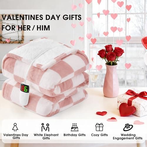 Light Pink Heated Blanket Electric Throw, 50X60 Heating Blanket with 10 Heat Levels & 8 Hours Auto Off for Lap, Checkered Plaid Soft Sherpa Blankets Warmer Gifts for Couch Grandma Women Adults 6