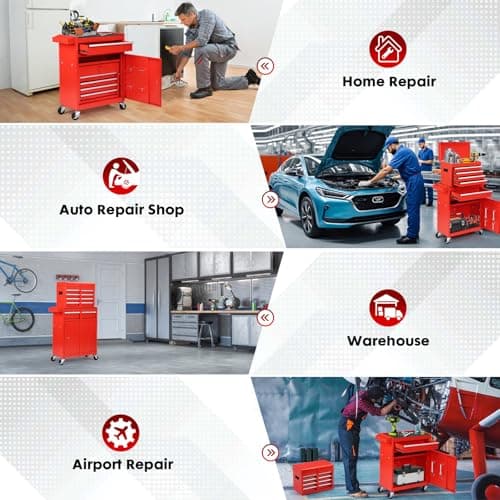 Dawmilon 5-Drawer Rolling Tool Chest with Wheels - High Capacity Tool Cabinet with Detachable Top Toolbox for Garage and Workshop Organization - Metal Tool Cart with Liner & 4 Hooks, Red 7