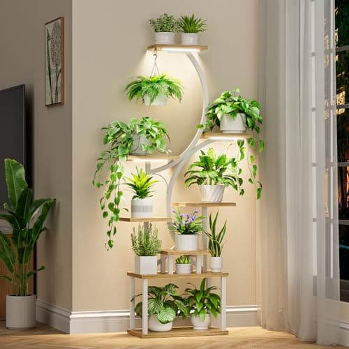 BACEKOLL 8-Tiered Plant Stand With Grow Lights - 62" Tall Indoor Shelf for Multiple Plants, Metal S-Shaped Flower Holder Rack for Home, Patio (White)