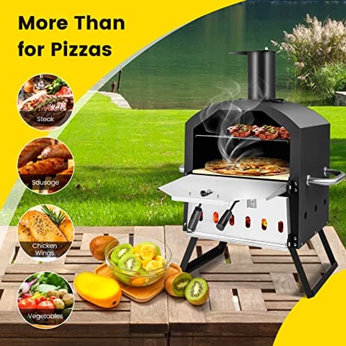 Giantex Outdoor Pizza Oven Wood Fired, 2-Layer Pizza Maker with 12-Inch Pizza Stone, Pizza Peel, Removable Cooking Rack, Waterproof Cover, Folding Legs, Outside Pizza Ovens for Camping Backyard BBQ 8