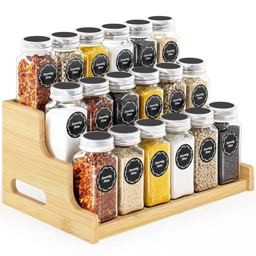 Bamboo Spice Rack Organizer for Cabinet, 3 Tier Wood Spice Shelf Organizer with 18 Spice Jars with Label Pack Included for Spice organization for cabinet Kitchen Countertop (Bamboo)