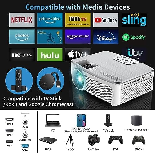 Projector with Bluetooth, Native 1080P Full HD Projector with Speaker, 9500 Lumens Outdoor Portable Movie Mini Projector Compatible with Laptop, Smartphone, TV Stick, Xbox, Roku 3