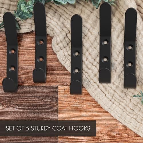 Stylish Coat Hooks For Wall Mount Set of 5 - Decorative and Sturdy Black Metal Double Hooks Are Perfect To Hang Your Jackets, Towels Or Hats - A Modern Addition To Any Minimal Home Decor & Farmhouse 5