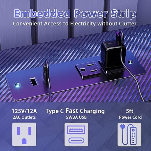 TIQLAB Gaming Desk with Power Outlets & LED 40 Inch Ergonomic Computer Carbon Fiber Surface Gamer Desk, Large Monitor Stand, Headphone Hook, PC Workstation for Bedroom, Black 6