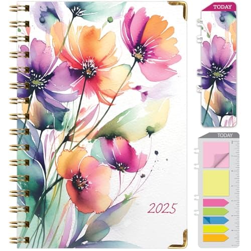 HARDCOVER 2025 Planner, 5.5"x8": 14 Months (November 2024 - December 2025), Daily Weekly Monthly Planner, Yearly Agenda, Bookmark, Pocket Folder and Sticky Note Set (Rainbow Floral)