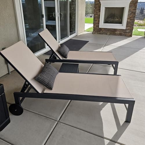 PURPLE LEAF Outdoor Chaise Lounge with Wheels for Outside 2 Pieces Aluminum Patio Lounge Chair with 5 Adjustable Position Recliner for Patio, Beach, Yard, Pool, Side Table Included, Beige
