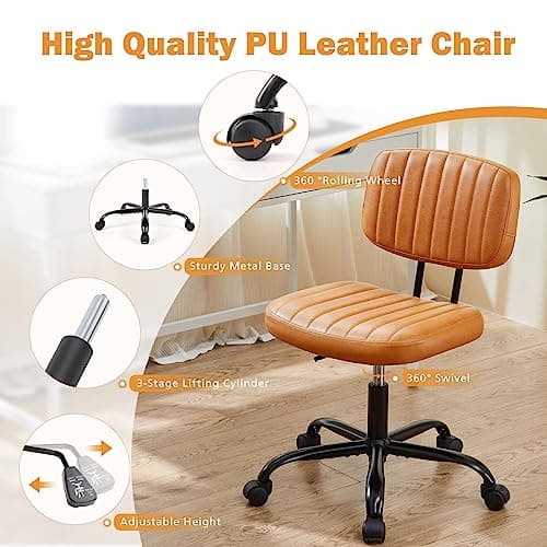 Sweetcrispy Small Office Desk Chair - Armless Comfy Computer Chair with Lumbar Support, PU Leather Low Back Adjustable Height 360° Rolling Swivel Task Chair, for Home, Bedroom 6