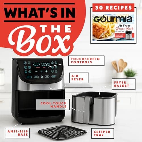 Gourmia Air Fryer - 8 Qt Extra Large Capacity, FryForce360º, Digital Display with 12 Presets, Roast, Bake, Broil, Dehydrate, Dishwasher Safe Accessories, Stainless Steel 6