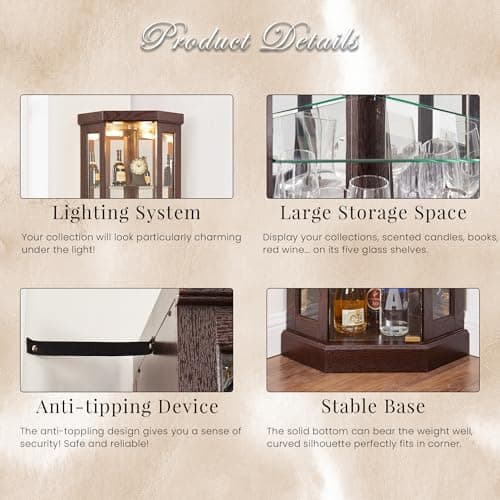 Eyisean 70" Lighted Corner Curio Cabinet, Wood China Display Case with Tempered Glass Doors & Adjustable Shelves, Light Bulb Included, Tall Wine Storage Rack for Bar and Liquor Storage (Dark Cherry) 5