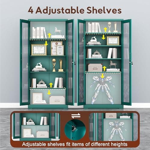 UNICOLY Lockable Display Cabinet with Glass Doors, Curio Cabinets with 4 Adjustable Shelves, Liquor Bookcase Bookshelf with Doors, Metal Storage Cabinet for Living Room Pantry, Green 7