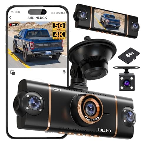 4K+1080P*3 FHD Dash Cam, 5GHz WiFi & App Control, 4 Channel 360° Car Camera Front Rear Inside & Left Right, G-Sensor, 8 IR Lamps Night Vision, 24H Parking Mode, Loop Recording, Includes 64GB SD Card