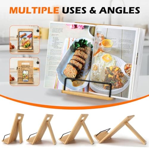 Bamboo Cookbook Stand for Kitchen Counter, Recipe Book Holder with Measurement Conversion Chart, Adjustable Cookbook Holder, Essential Accessories Women Gifts for Easter Birthday Mothers Day 6