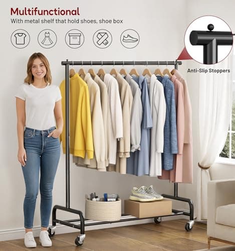 SLEEPING LAMB Heavy Duty Clothing Racks for Hanging Clothes Rack, 43" Wide Rolling Garment Rack Metal Clothing Hanger Rack with Wheels Wardrobe Rack for Coats, Shirts, Dress, (Black) 6