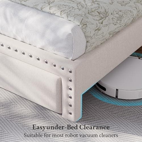 EnHomee King Size Bed Frame with 2 Storage Drawers & Upholstered Headboard,No Box Spring Needed, Easy Assembly, Noise Free, Beige 8