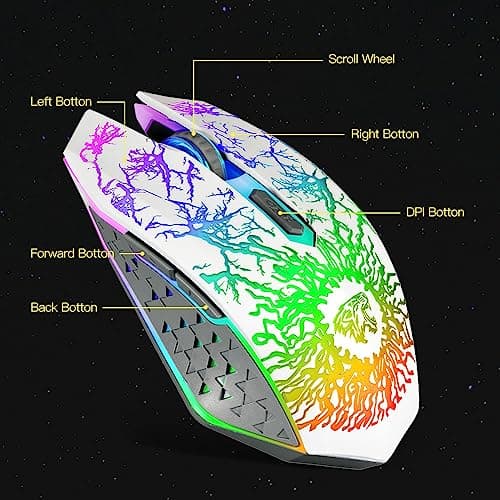 VEGCOO Wireless Gaming Mouse, Rechargeable Gaming Mouse, Silent Optical Mice with 2.4G USB Receiver, 3 Level DPI, 6 Buttons, 7 Colors LED Lights for PC/Mac Gamer, Laptop and Desktop 5