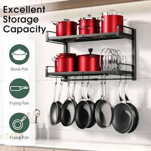 19"- 30" Expandable Hanging Pot Rack, 2 Tier Heavy Duty Wall Mounted Pots and Pans Organizer with 10 Hooks and 5 Pot Lid Holders, Pot Hanger Shelf for Kitchen Cookware Utensils Organizers and Storage 6