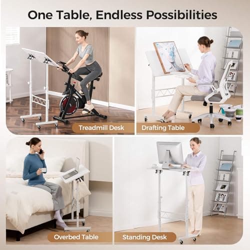 COMHOMA Small Standing Desk Adjustable Height & Tiltable Tabletop, Mobile Stand Up Desk for Laptop, Portable Computer Table for Home Office Work and Walking Pad Treadmill, Height 30.7"-46.4", White 6