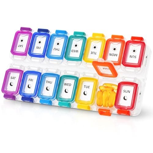 Fullicon Moisture Proof Pill Organizer 2 Times a Day, Large Pill Box 7 Day, Spill Proof Pill Case, Travel Pill Container, Medicine Pill Organizer with Secure Lids, Daily Pill Organizer (Rainbow Clear)