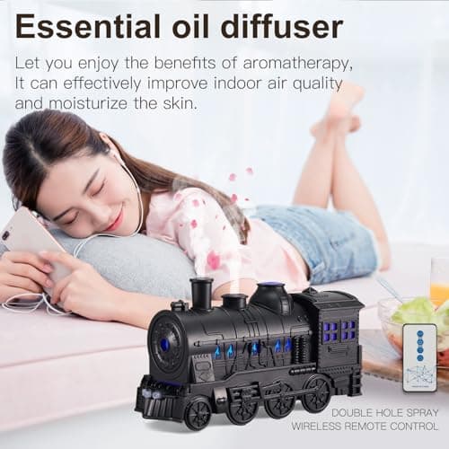 BLOIMP Essential Oil Diffuser Train Diffuser 300ml, Train Humidifier, Aromatherapy Diffuser Cool Mist Aromatherapy with 2 Light 2 Mist Mode Auto Shut-Off, Remote Included for Office Baby Home (Black) 5