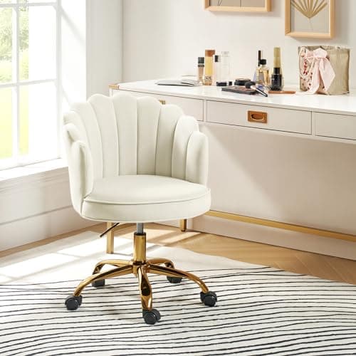 HULALA HOME Velvet Home Office Desk Chair with Gold Base, Adjustable Swivel Task Chair for Vanity, Women's Modern Cute Shell Back Upholstered Design, for Living Room, Ivory 7